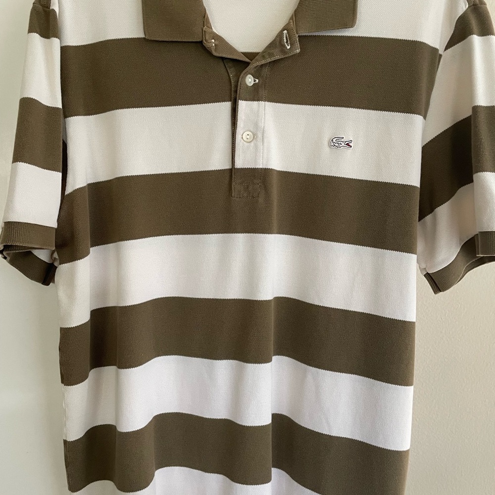 Lacoste khaki green and White Striped Polo Shirt
